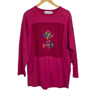 Vtg La Costa Spa California LS Tee Women's OS Pink Fish Embroidered Cotton USA